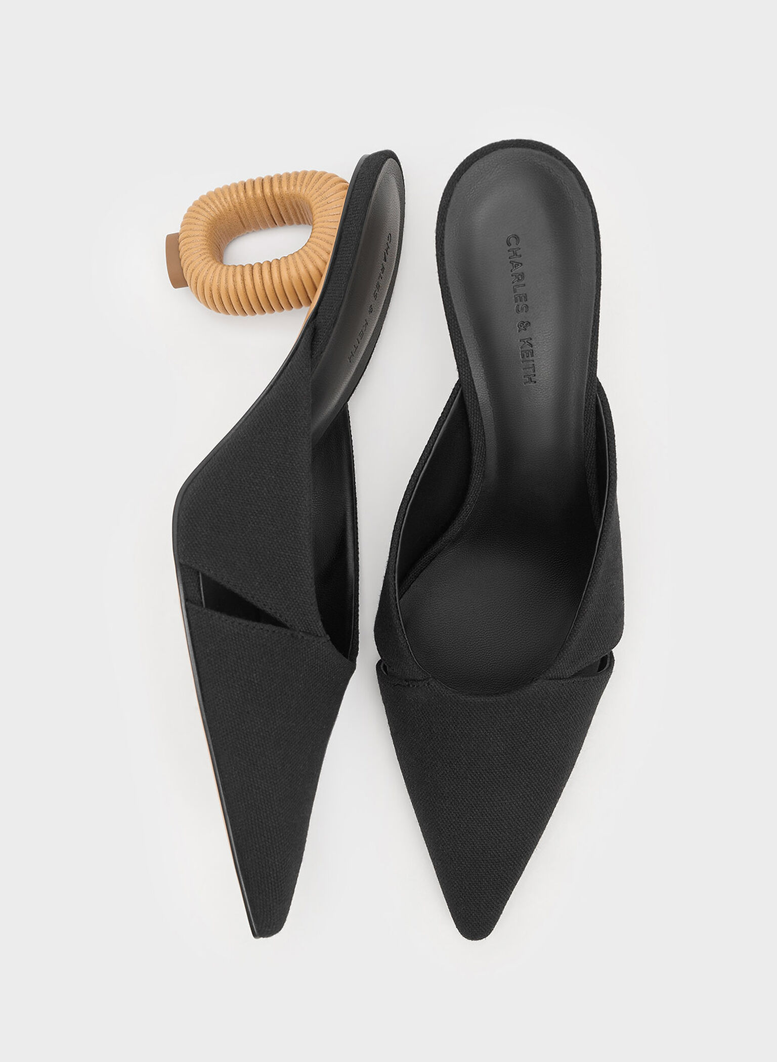 Linen Cut-Out Sculptural-Heel Mules, Black Textured, hi-res