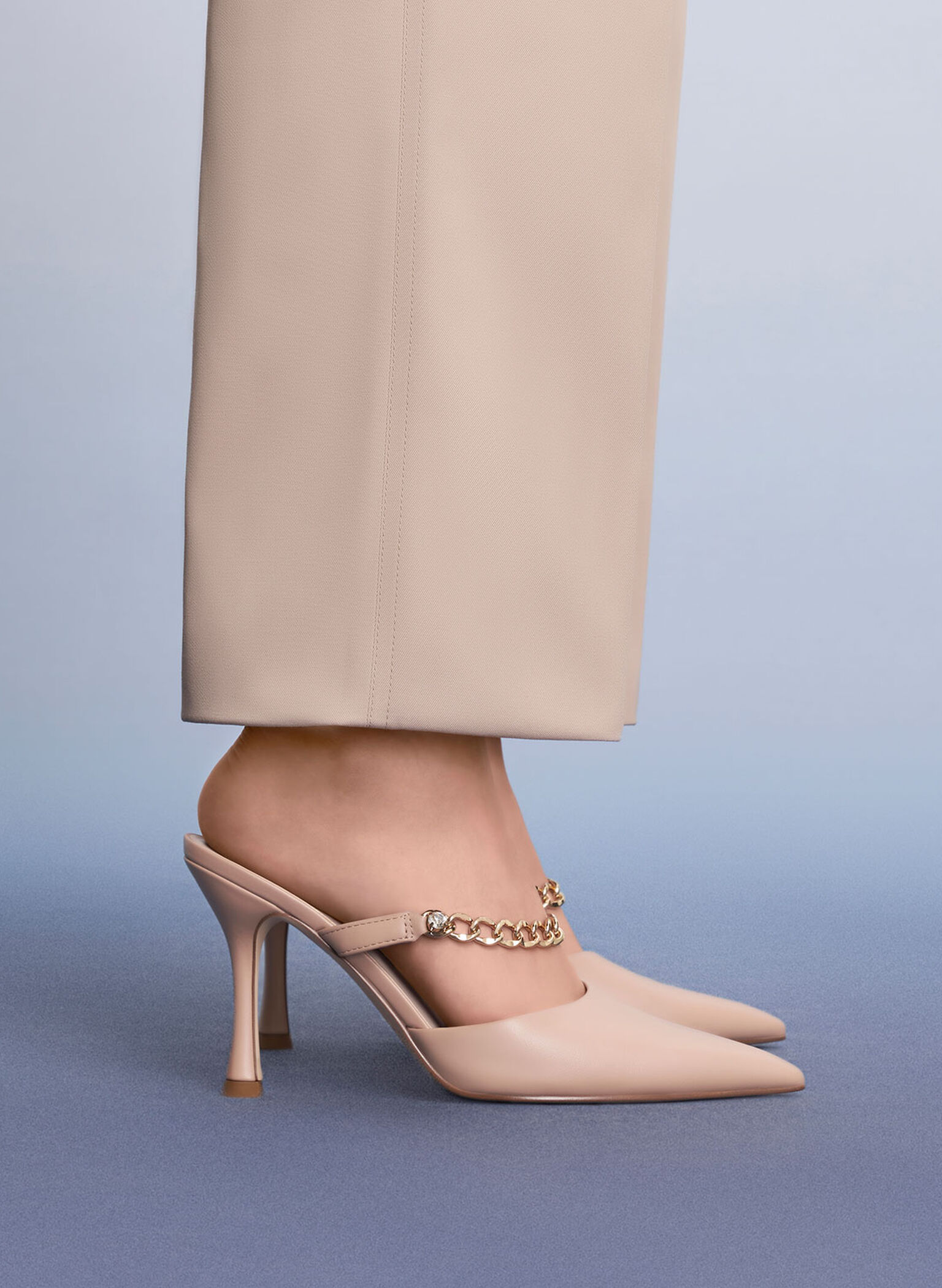 Chain-Link Strap Heeled Mules, Nude, hi-res