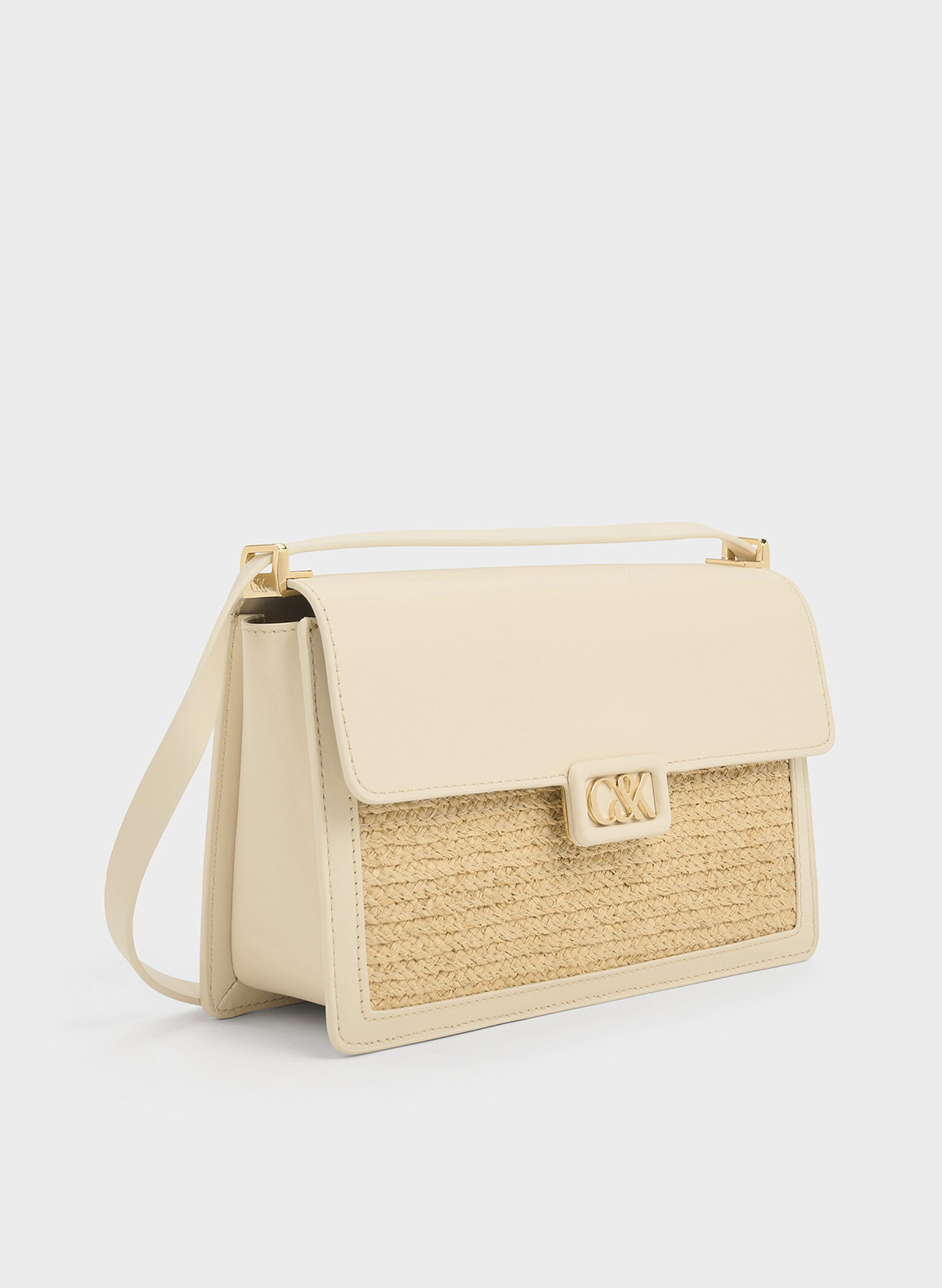 Leather & Raffia Shoulder Bag, Beige, hi-res
