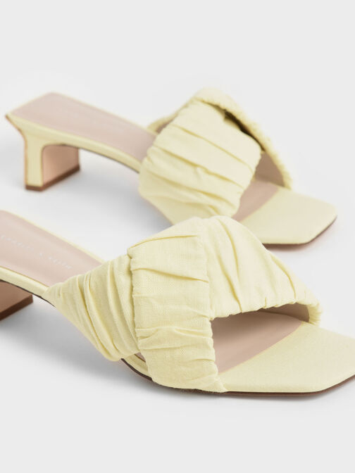 Linen Asymmetric Ruched Mules, Yellow, hi-res