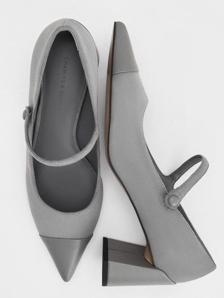 Faux Suede Cap-Toe Pointed Mary Jane Pumps, Grey, hi-res