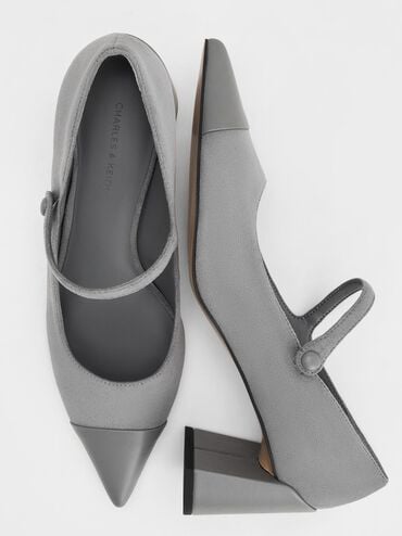 Faux Suede Cap-Toe Pointed Mary Jane Pumps, Grey, hi-res
