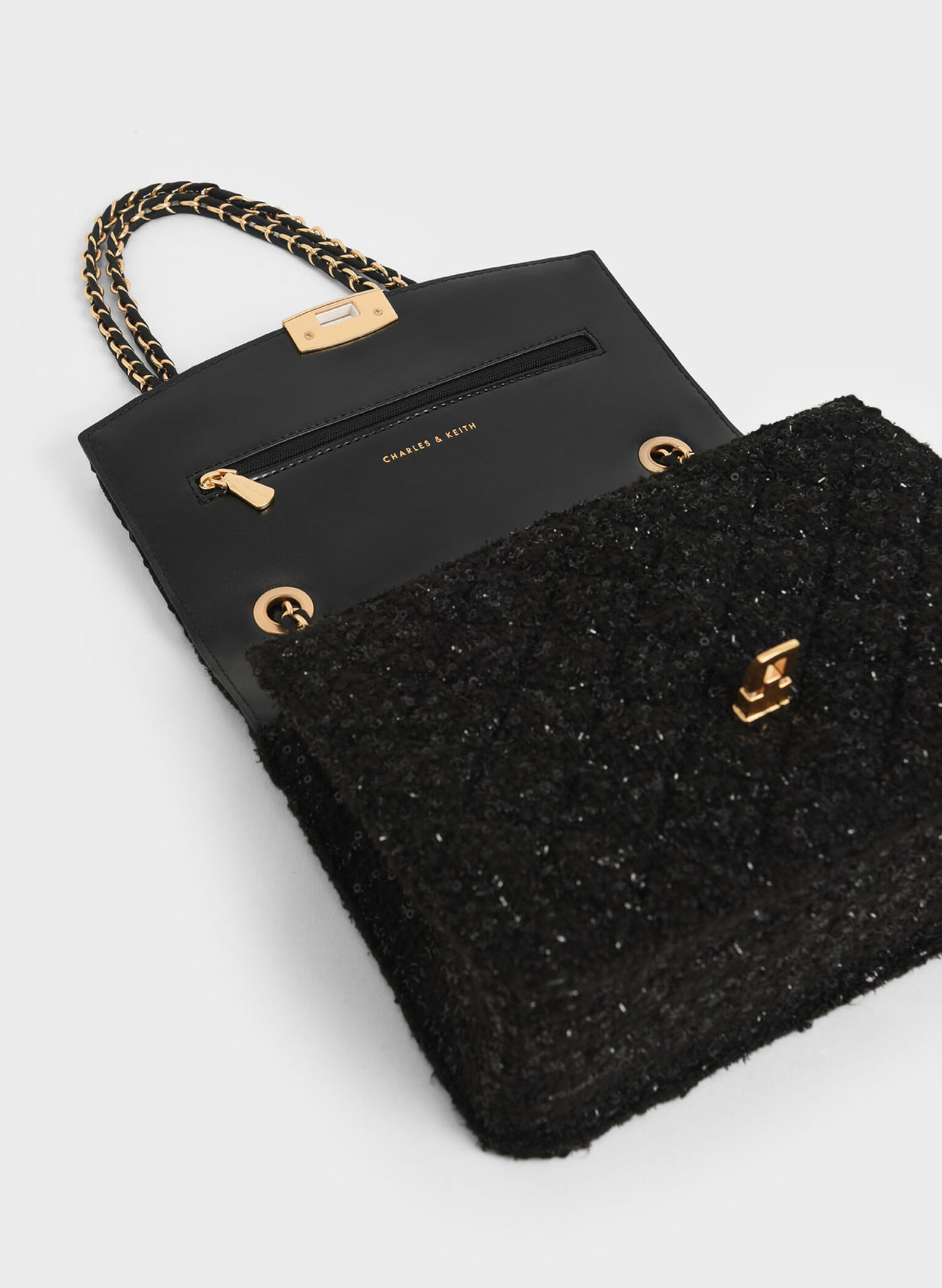 Tweed Chain Strap Bag, Black, hi-res