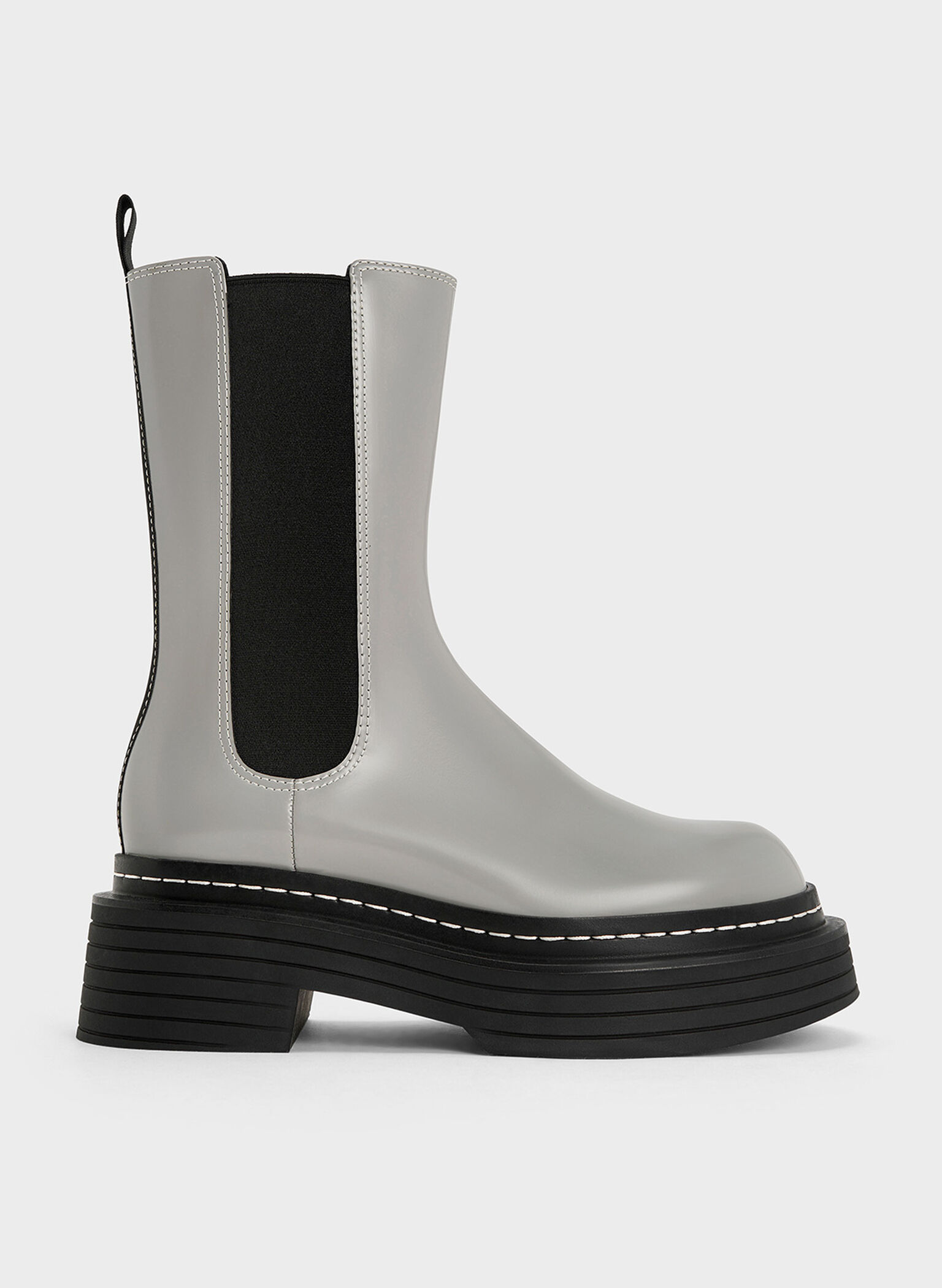 Stitch-Trim Platform Mid-Calf Chelsea Boots, Grey, hi-res