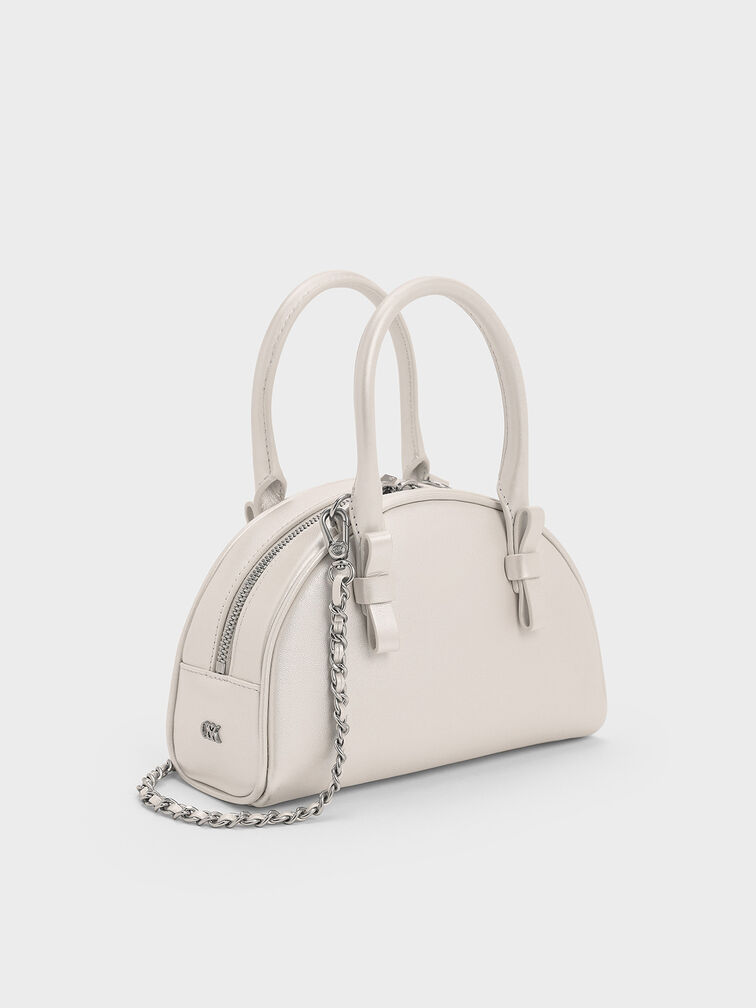 Satin Half-Moon Bowling Bag, White, hi-res