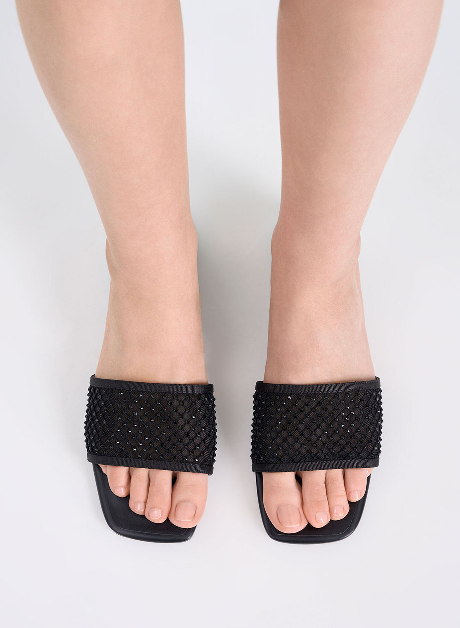 Gem-Encrusted Mesh Slide Sandals, Black, hi-res