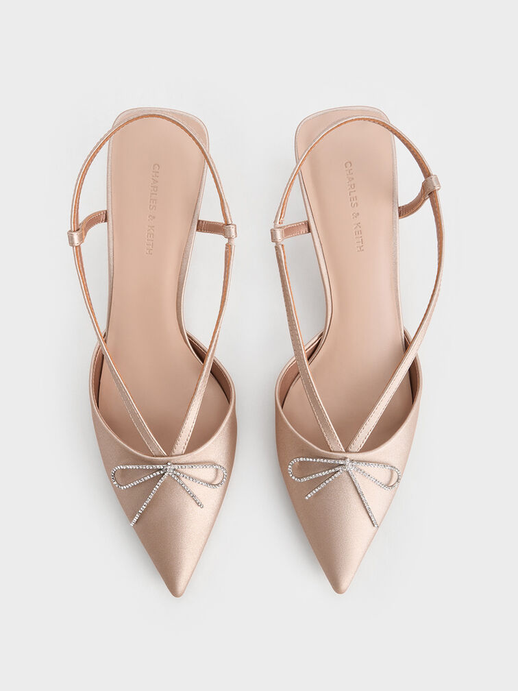 Crystal-Bow Kitten-Heel Slingback Pumps, Nude, hi-res