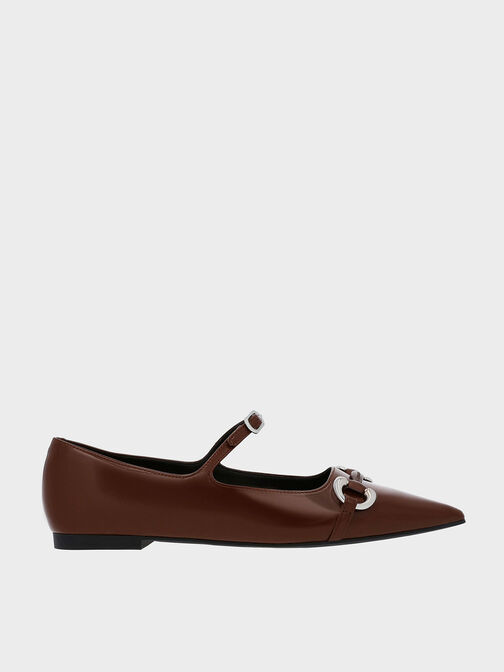 Metallic Accent Pointed-Toe Mary Janes, Dark Brown, hi-res