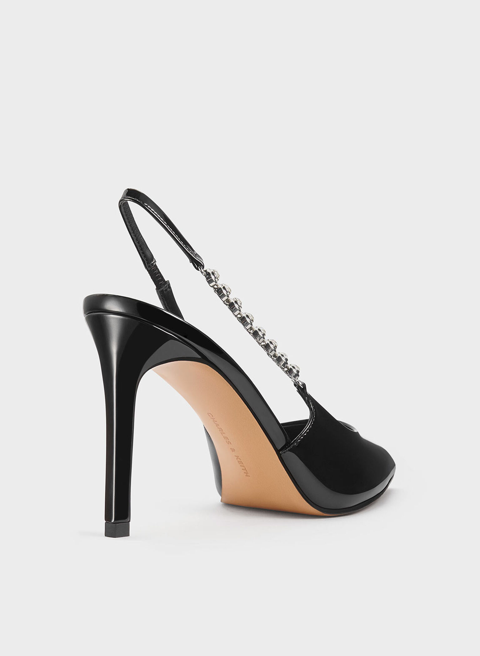 Flores Patent Gem-Strap Slingback Pumps, Black Patent, hi-res