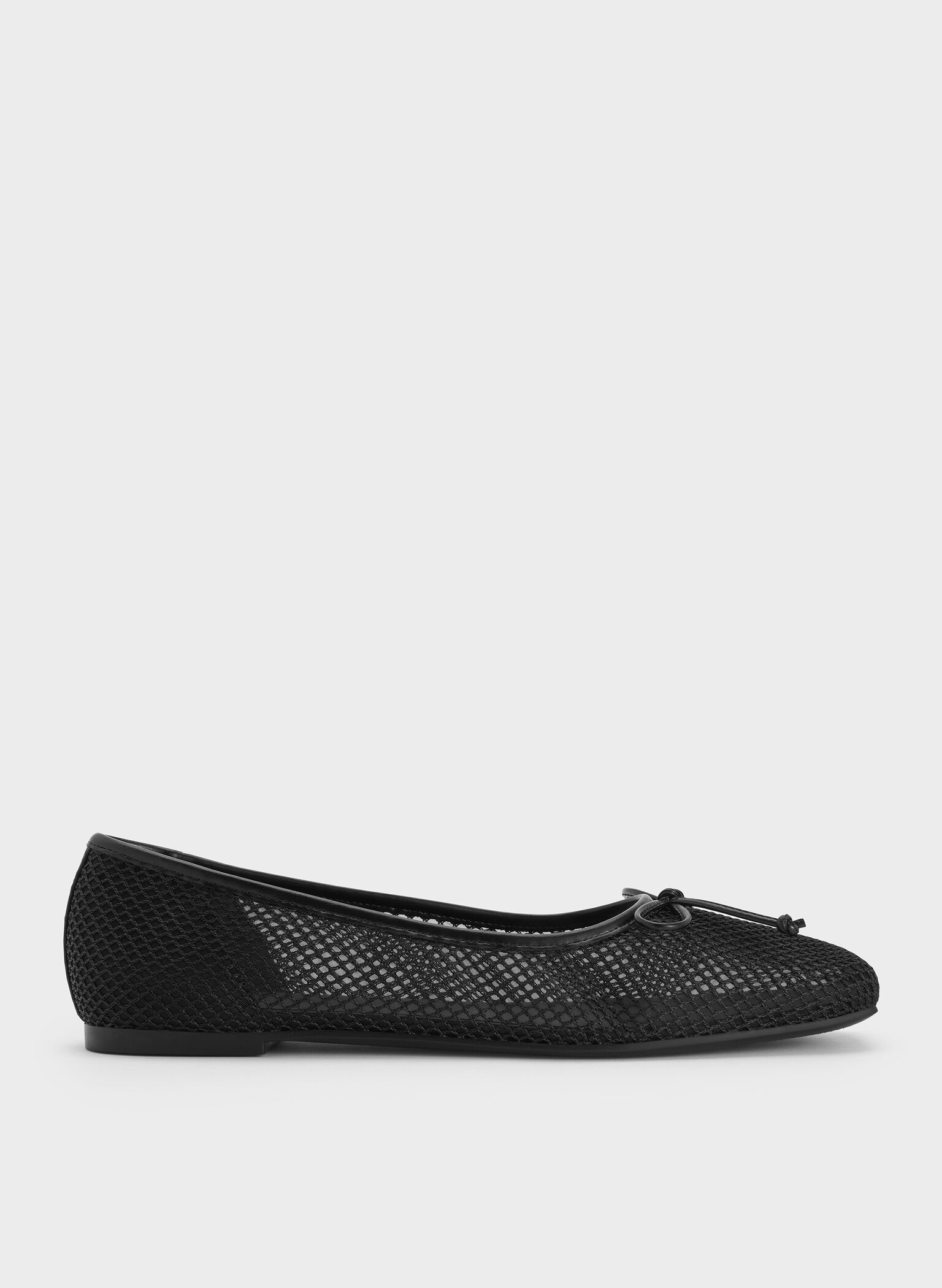 Mesh Square-Toe Bow Ballet Flats, Black Textured, hi-res