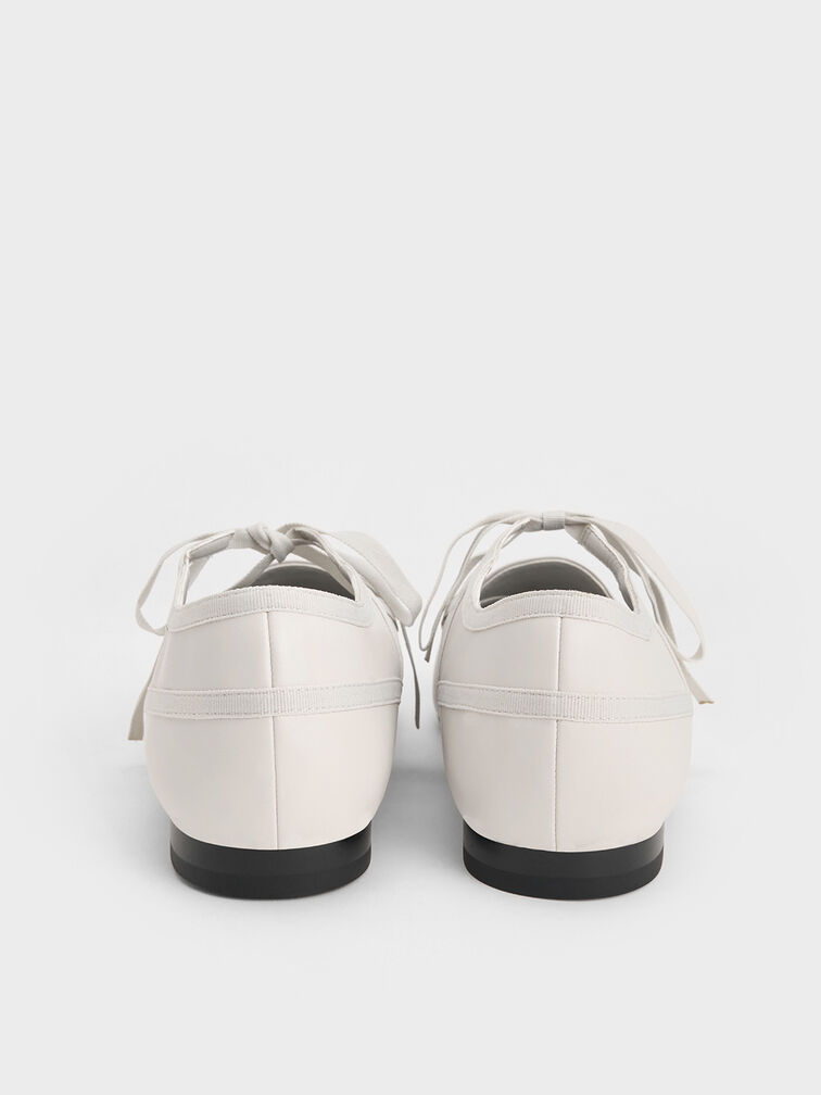 Lace-Up Bow Ballet Flats, White, hi-res