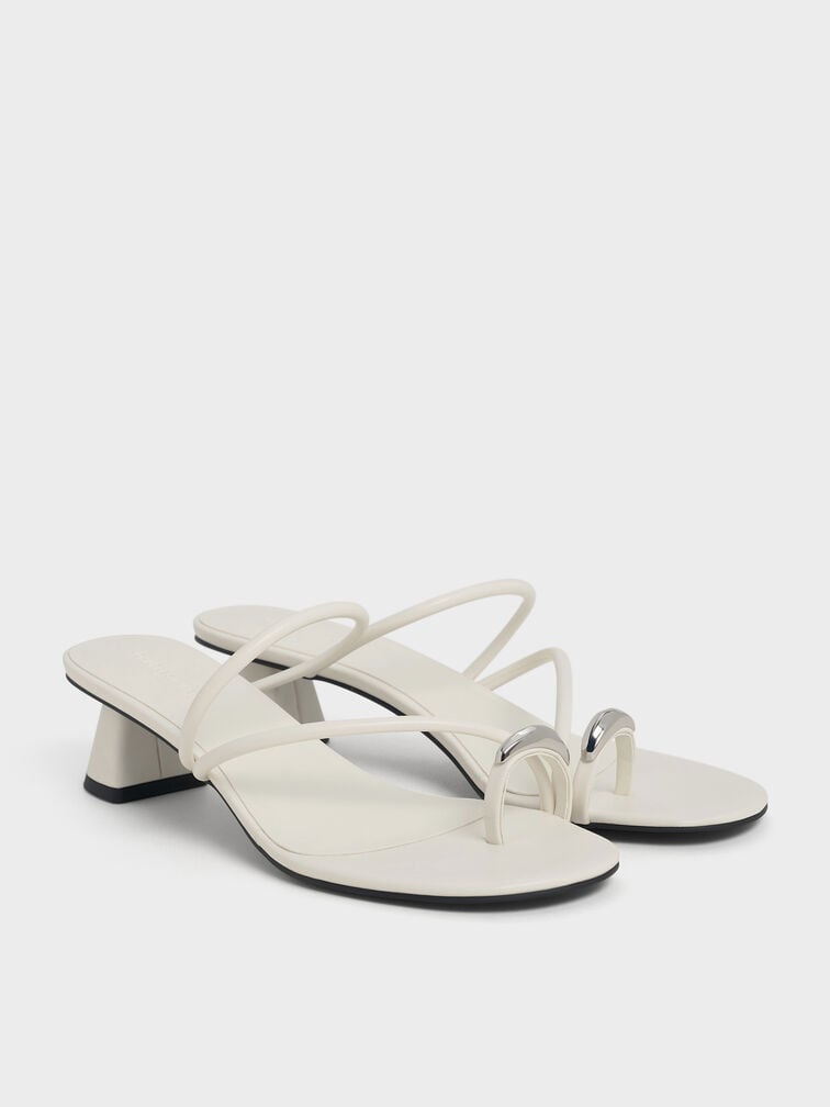 Metallic-Accent Strappy Toe-Ring Heeled Sandals, Chalk, hi-res