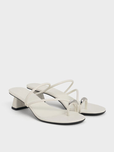 Metallic-Accent Strappy Toe-Ring Heeled Sandals, Chalk, hi-res