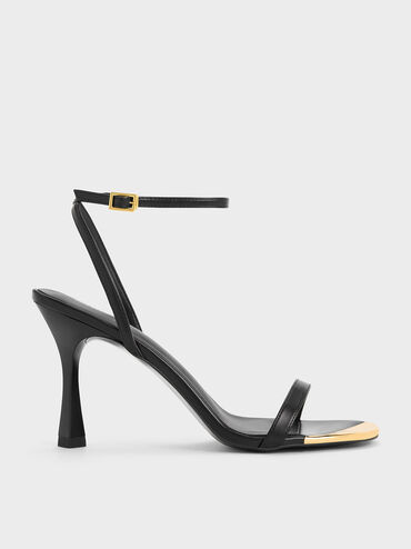 Metallic Cap Ankle-Strap Heeled Sandals, Black, hi-res