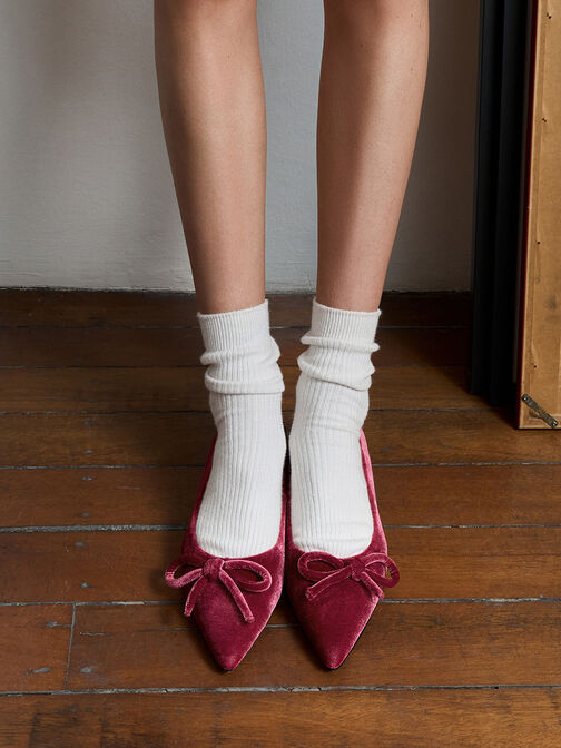 Velvet Bow Pointed-Toe Flats, Pink, hi-res