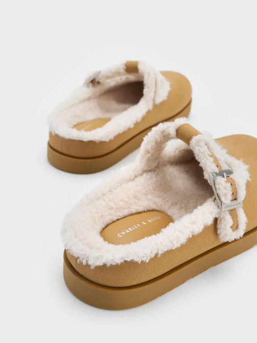 Textured Fur-Trim Buckled Mules, Khaki, hi-res