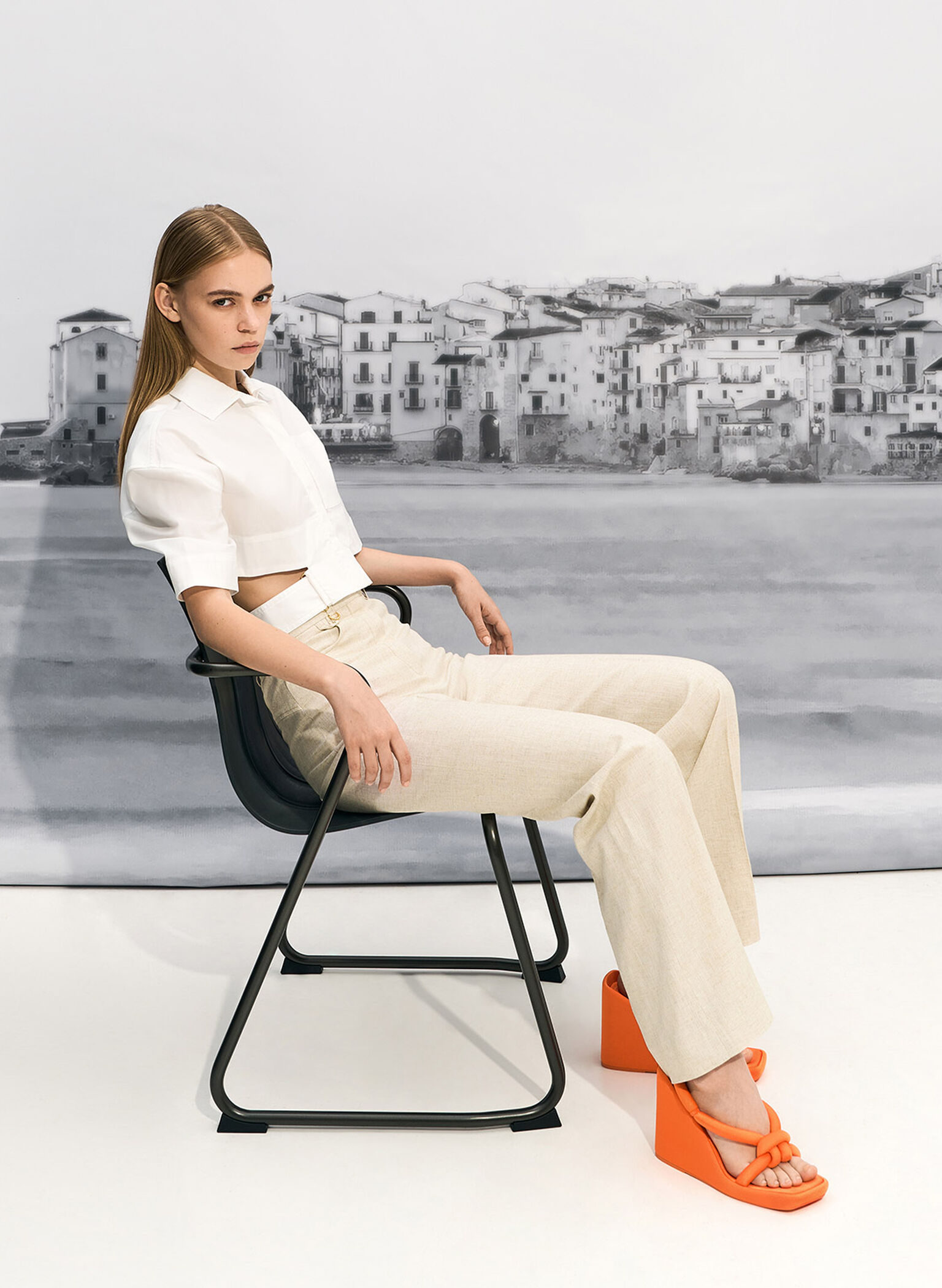 Toni Knotted Puffy-Strap Wedges, Orange, hi-res