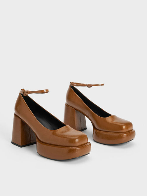 Monique Crinkle-Effect Ankle-Strap Platform Pumps, Brown, hi-res