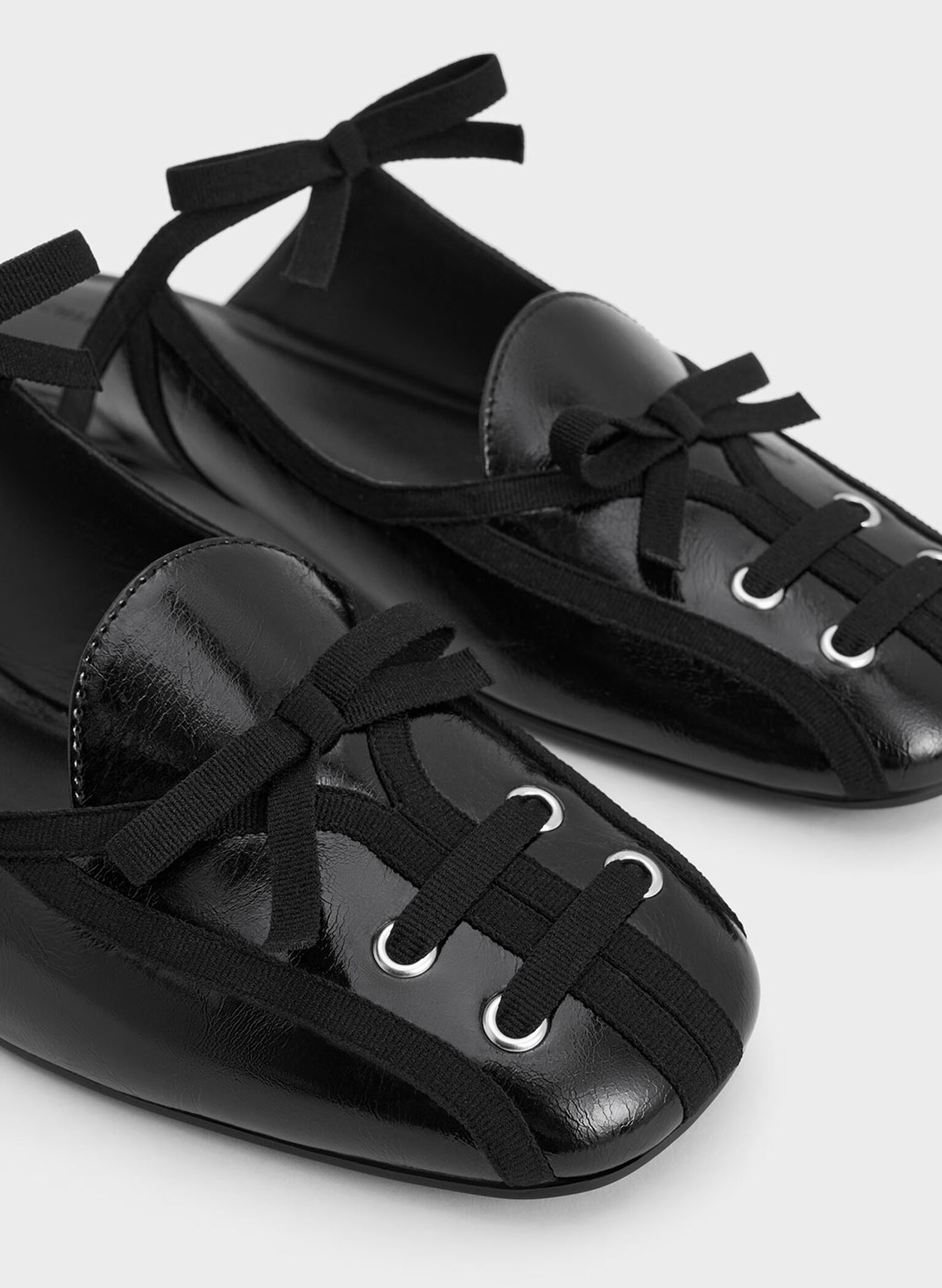 Crinkle-Effect Lace-Up Bow Ballet Mules, Black, hi-res