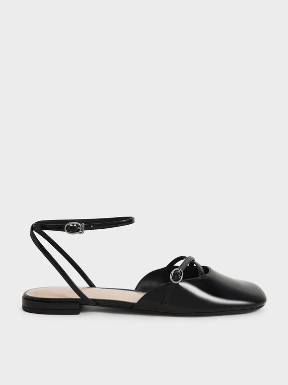 Edith Patent Ankle-Strap Ballerina Pumps, Black, hi-res