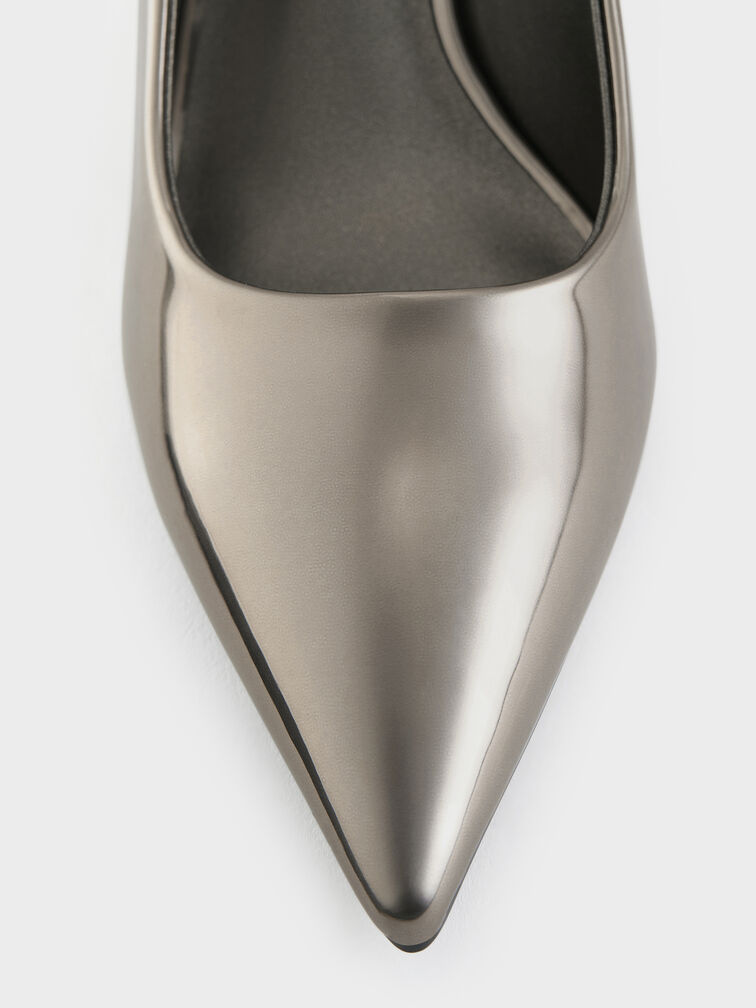 Kaia Metallic Pointed-Toe Slingback Pumps, Pewter, hi-res