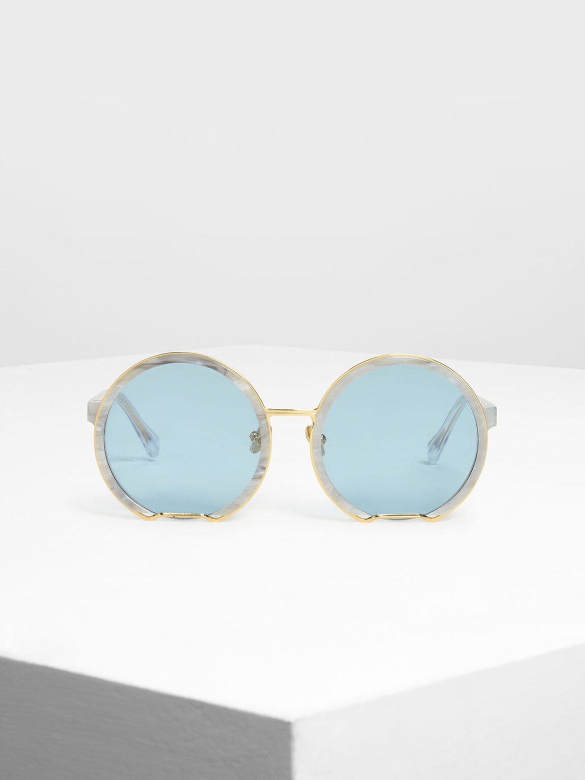 Cut Off Frame Round Sunglasses, White, hi-res