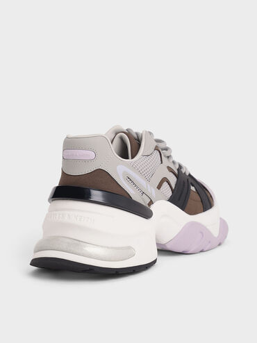 Mesh Contrast-Trim Chunky Sneakers, Brown, hi-res