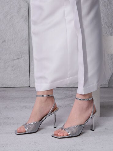 Sequin Mesh & Leather Ankle-Strap Heeled Sandals, Silver, hi-res