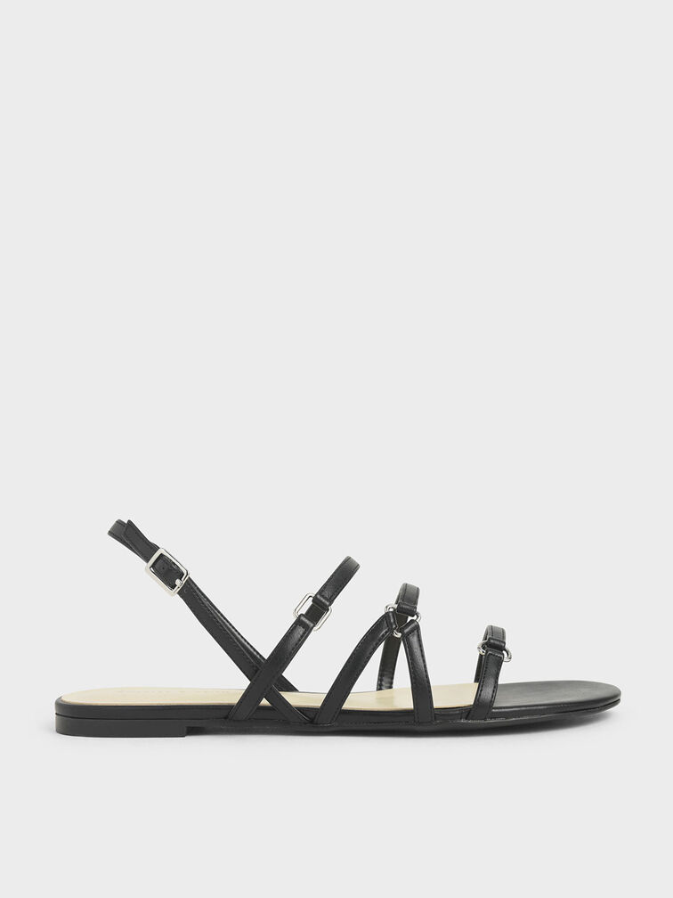 Tri-Strap Slingback Sandals, Black, hi-res