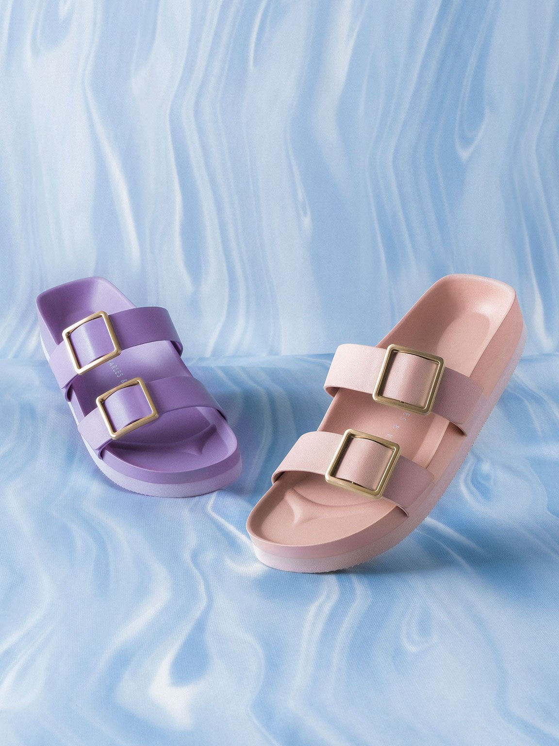 Metallic Buckle Slide Sandals, Light Pink, hi-res