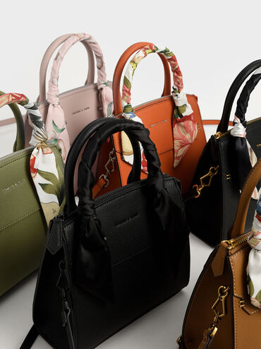 Scarf-Wrapped Top Handle Bag, Camel, hi-res