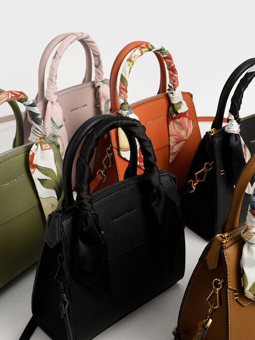 Scarf-Wrapped Top Handle Bag, Camel, hi-res