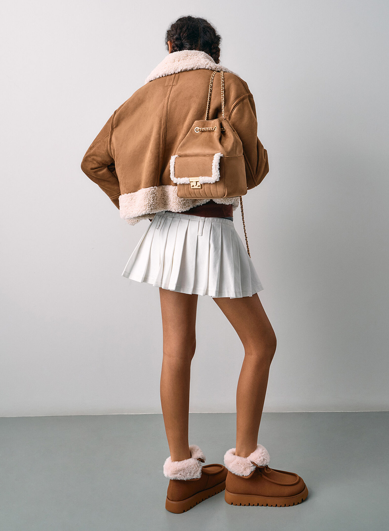 Donna Faux Suede Fur-Trim Backpack, Tan, hi-res