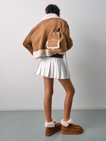 Donna Faux Suede Fur-Trim Backpack, Tan, hi-res