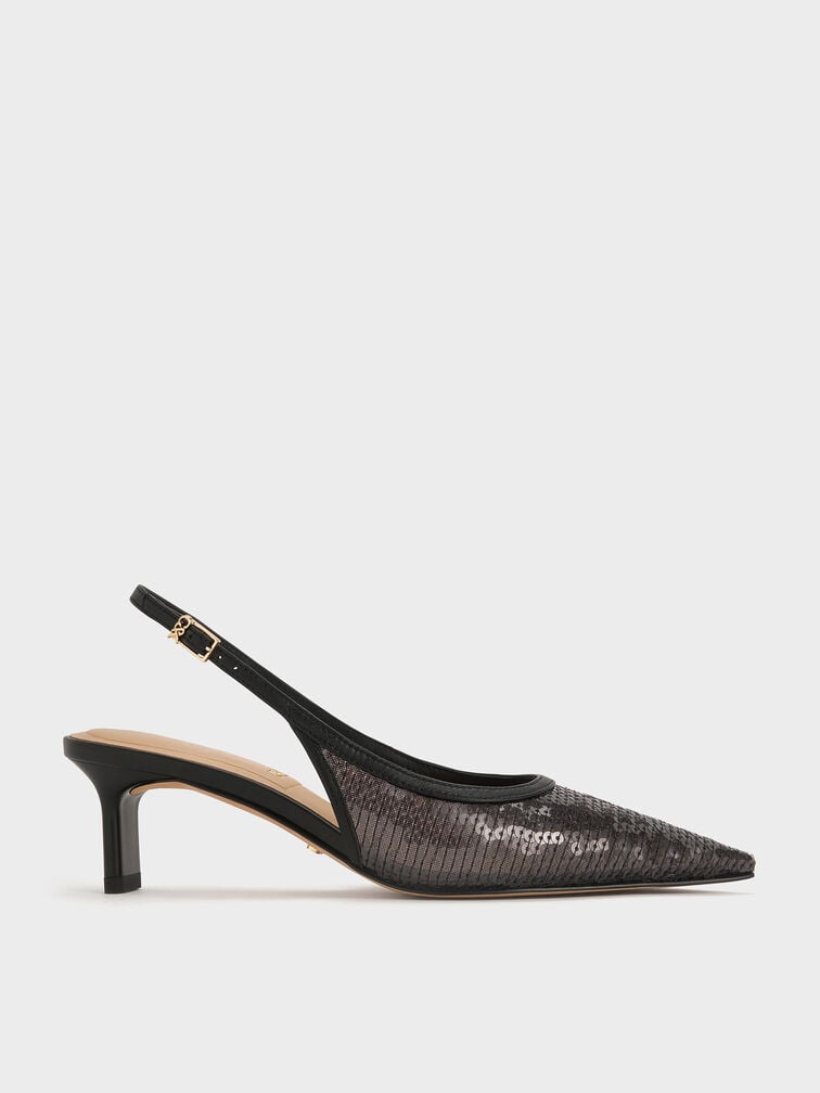 Sequin Mesh & Leather Slingback Kitten Heels, Black Textured, hi-res
