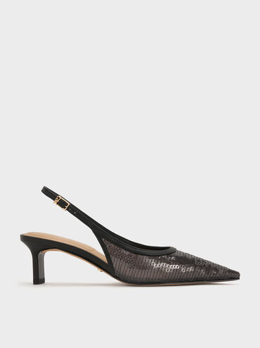 Sequin Mesh & Leather Slingback Kitten Heels, Black Textured, hi-res