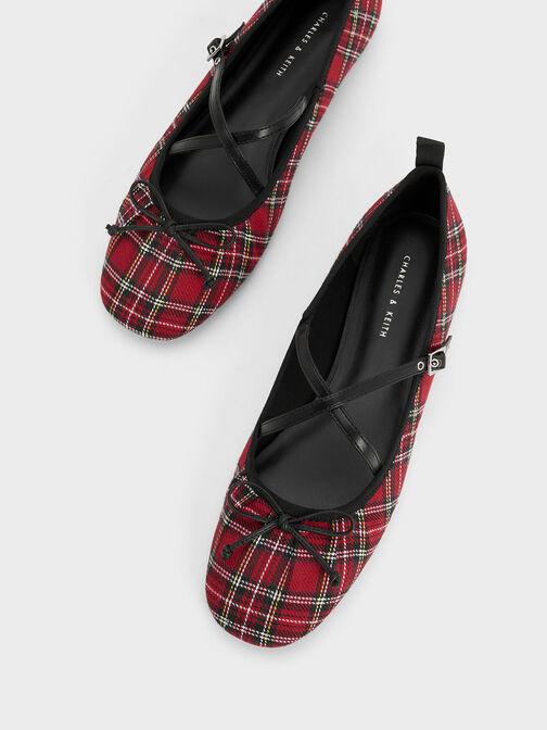 Tartan-Print Crossover-Strap Mary Jane Flats, Red, hi-res