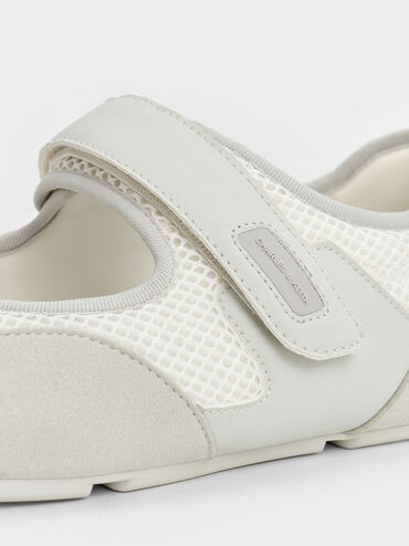 Mesh Contrast-Panel Mary Jane Sneakers, White, hi-res