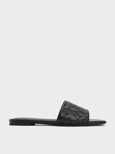 Woven Slide Sandals, Black, hi-res