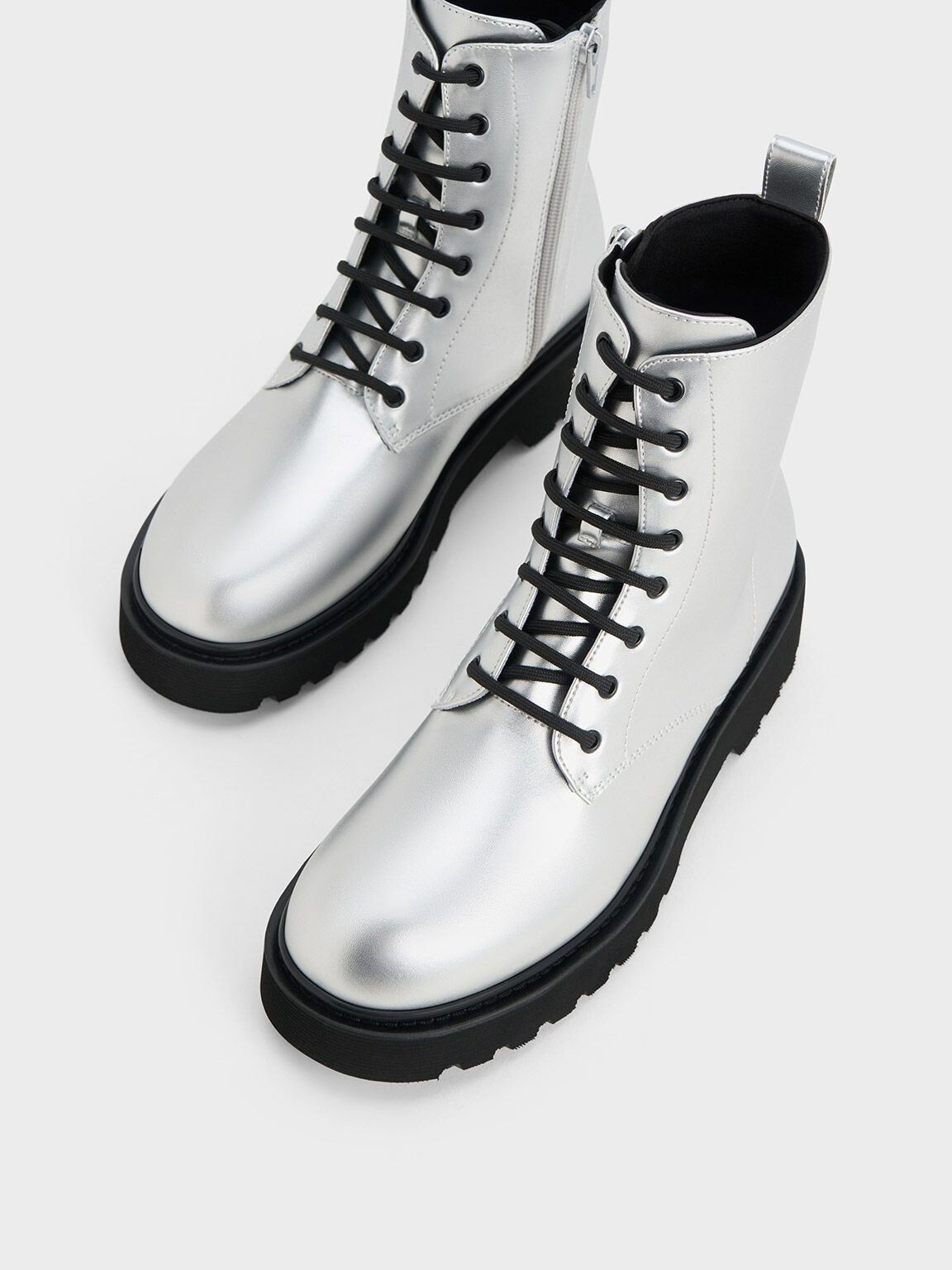 Metallic Lace Up Ankle Boots Silver