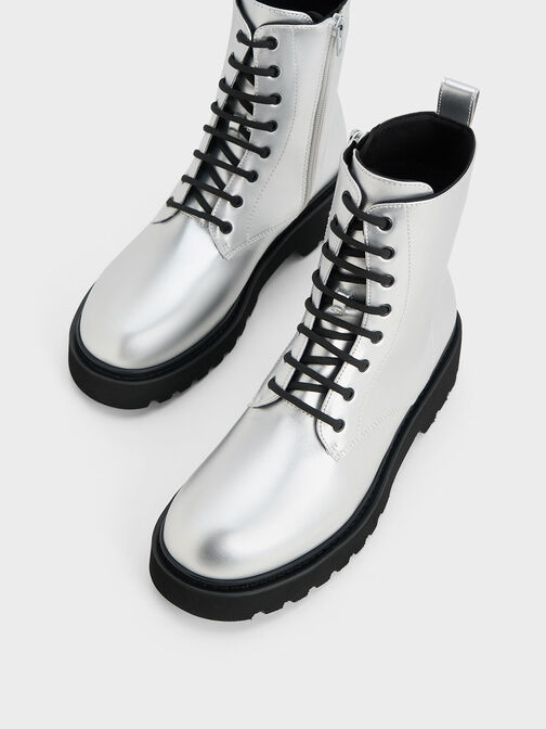 Metallic Lace-Up Ankle Boots, Silver, hi-res