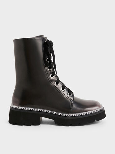 Chain-Trim Lace-Up Boots, Dark Grey, hi-res