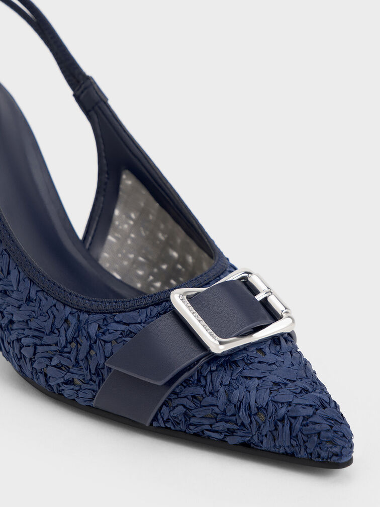 Anita Raffia Buckled Pointed-Toe Slingback Pumps, Dark Blue, hi-res