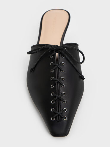 Satin Lace-Up Pointed-Toe Kitten-Heel Mules, Black Textured, hi-res