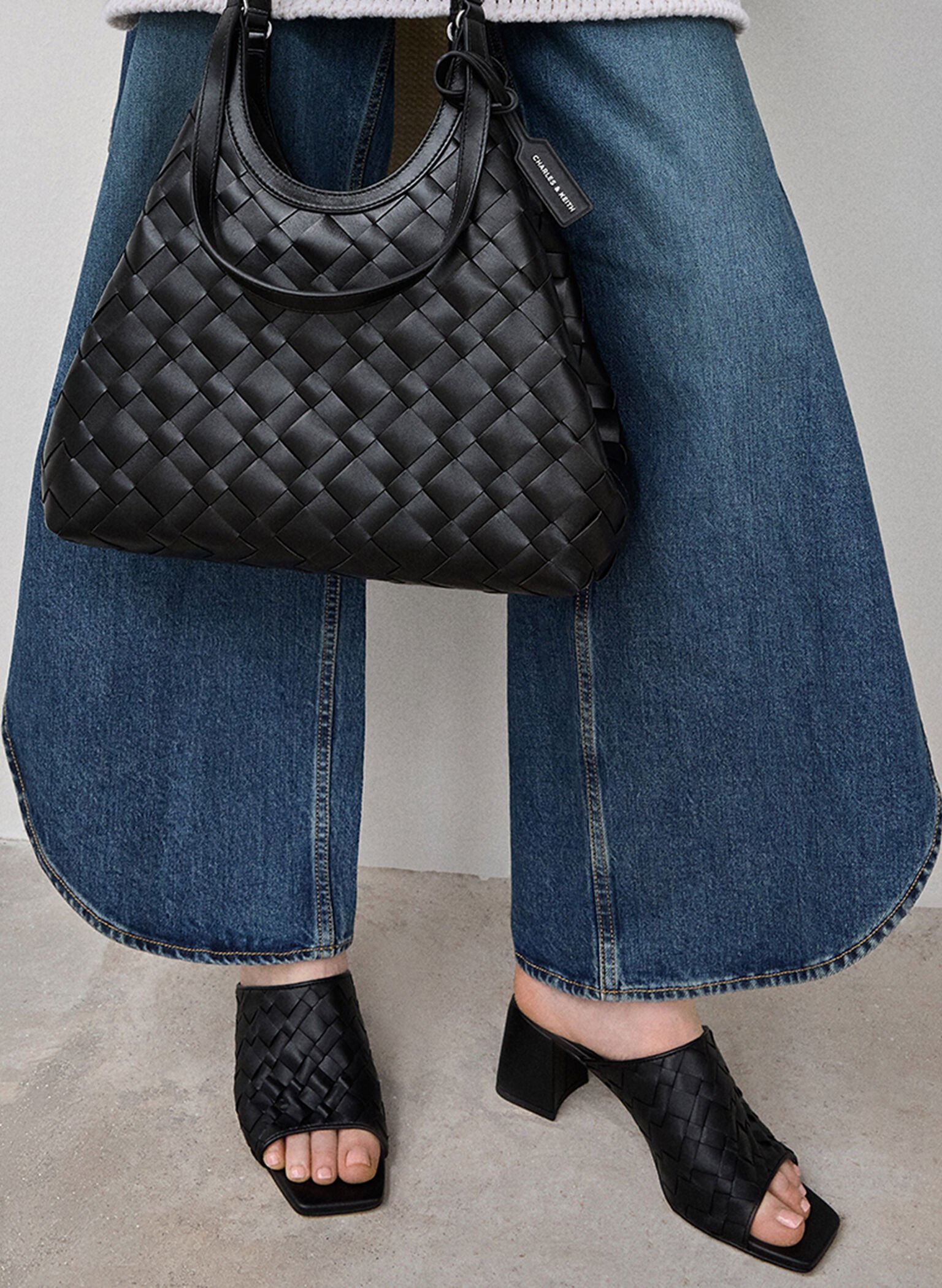 Woven Square-Toe Heeled Mules, Black, hi-res