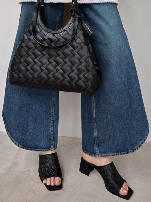 Woven Square-Toe Heeled Mules, Black, hi-res