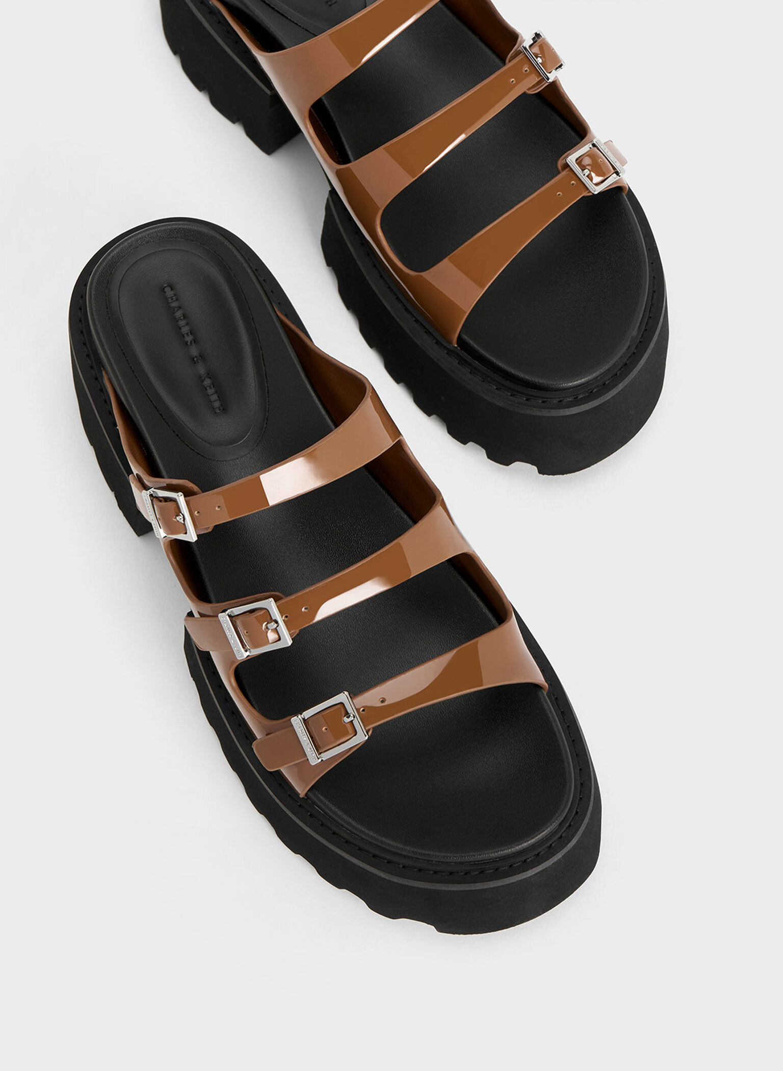 Nadine Patent Triple-Strap Platform Sandals, Cognac, hi-res