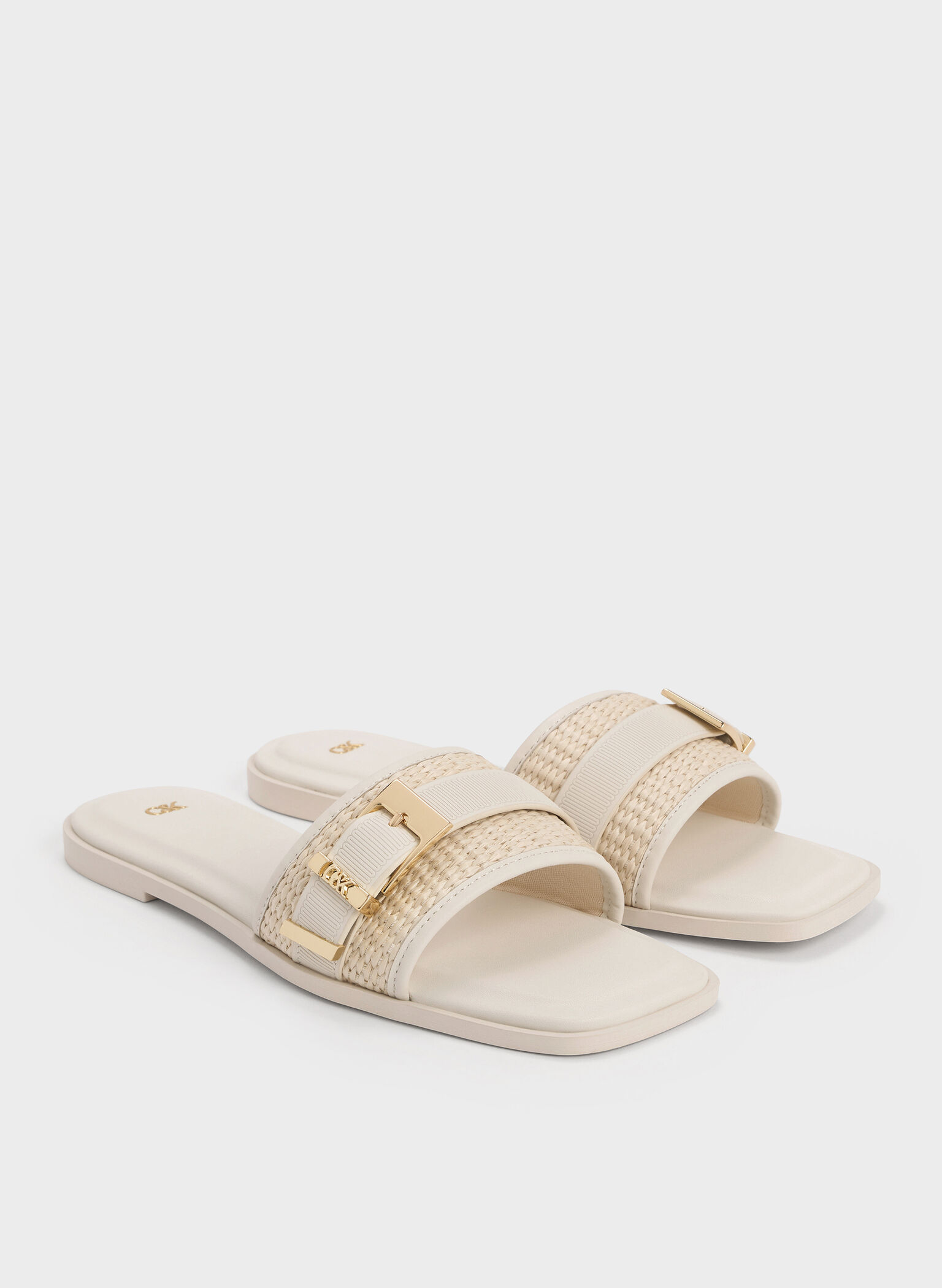 Whitney Leather & Raffia Buckled Slide Sandals, White, hi-res