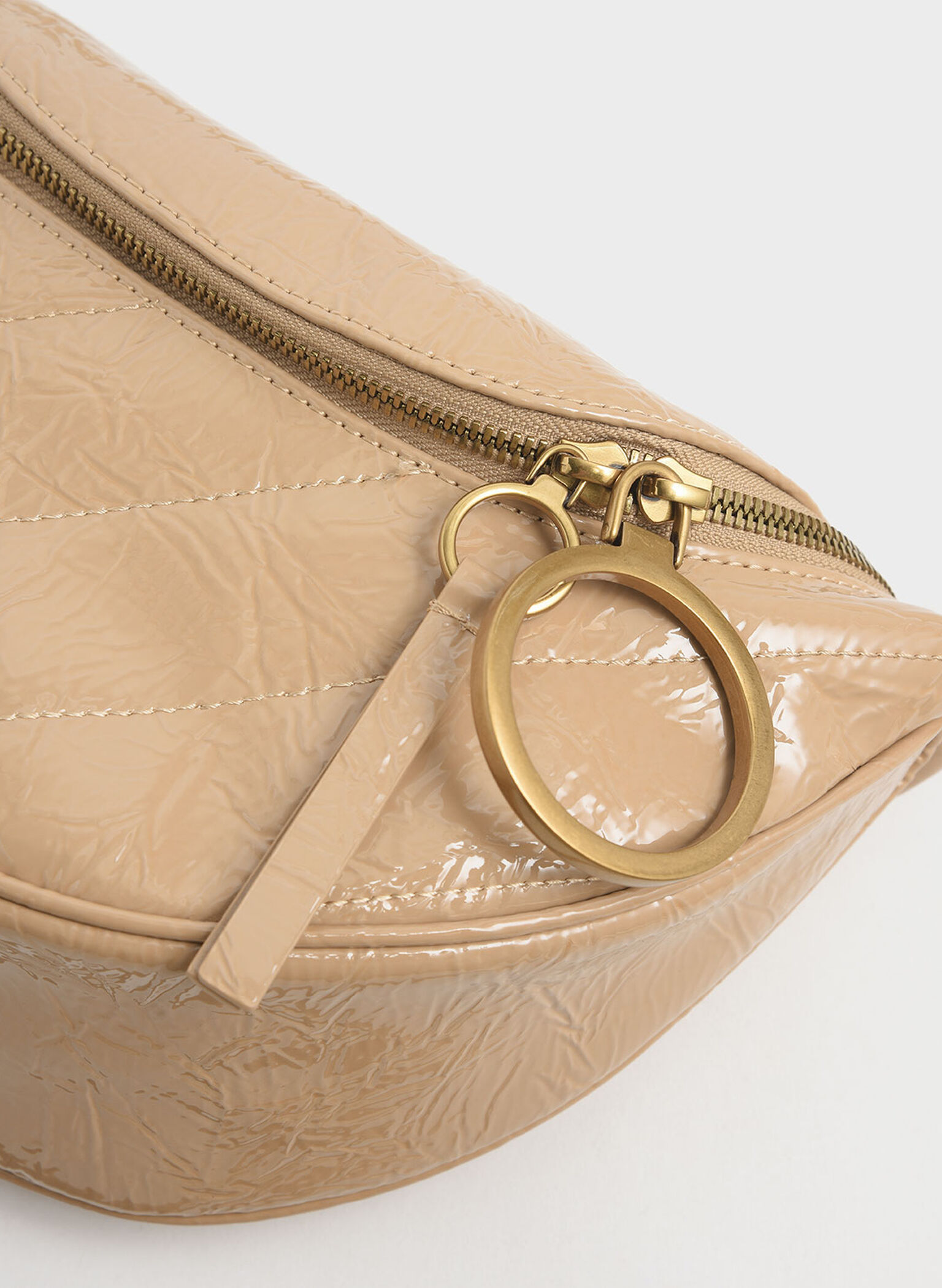 Philomena Wrinkled Patent Semi-Circle Crossbody Bag, Beige, hi-res