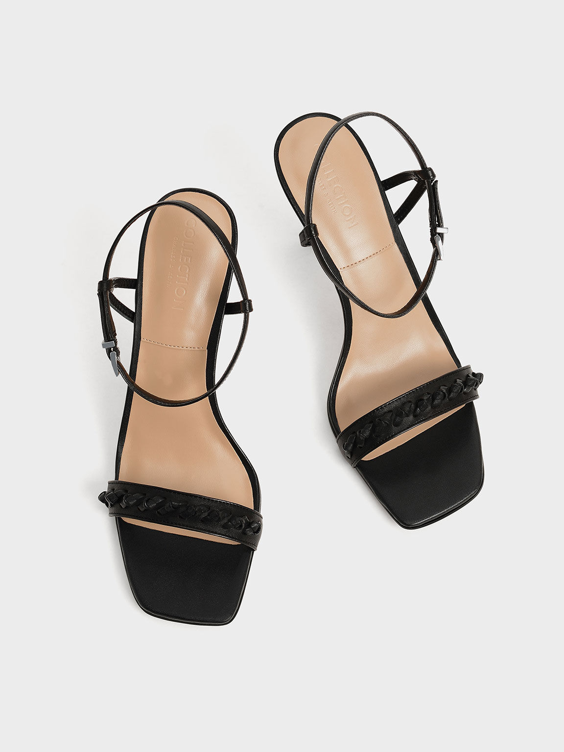 Leather Weave Detail Stiletto Sandals, Black, hi-res